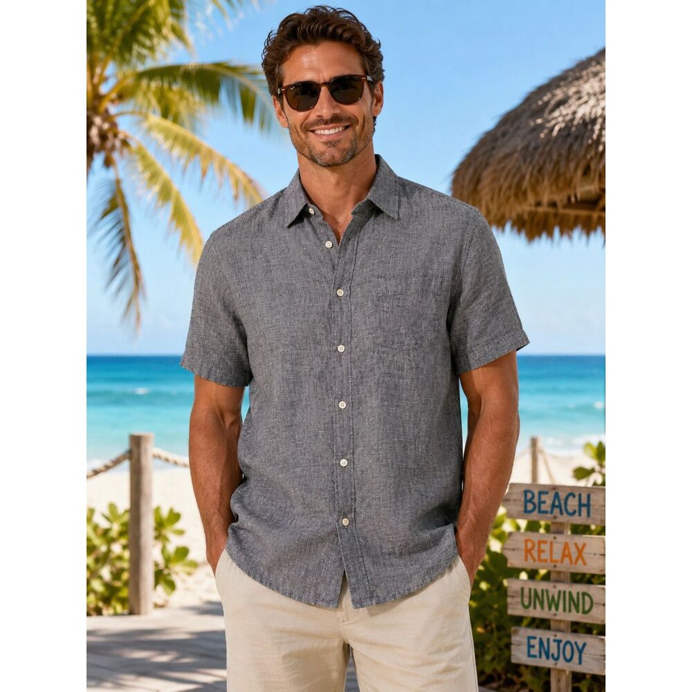 Panama Jack 100% Linen Shirt Men's Large Gray Short Sleeve Button Up Casual